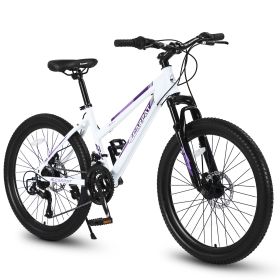 S24103 24 inch Mountain Bike for Teenagers Girls Women, Shimano 21 Speeds with Dual Disc Brakes and 100mm Front Suspension, White/Pink (color: as Pic)